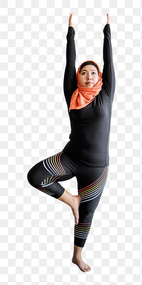 PNG Muslim woman doing yoga, collage element, transparent background