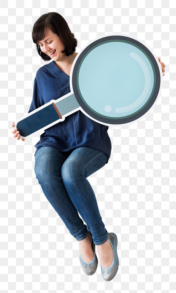 Png Woman holding magnifying glass, transparent background