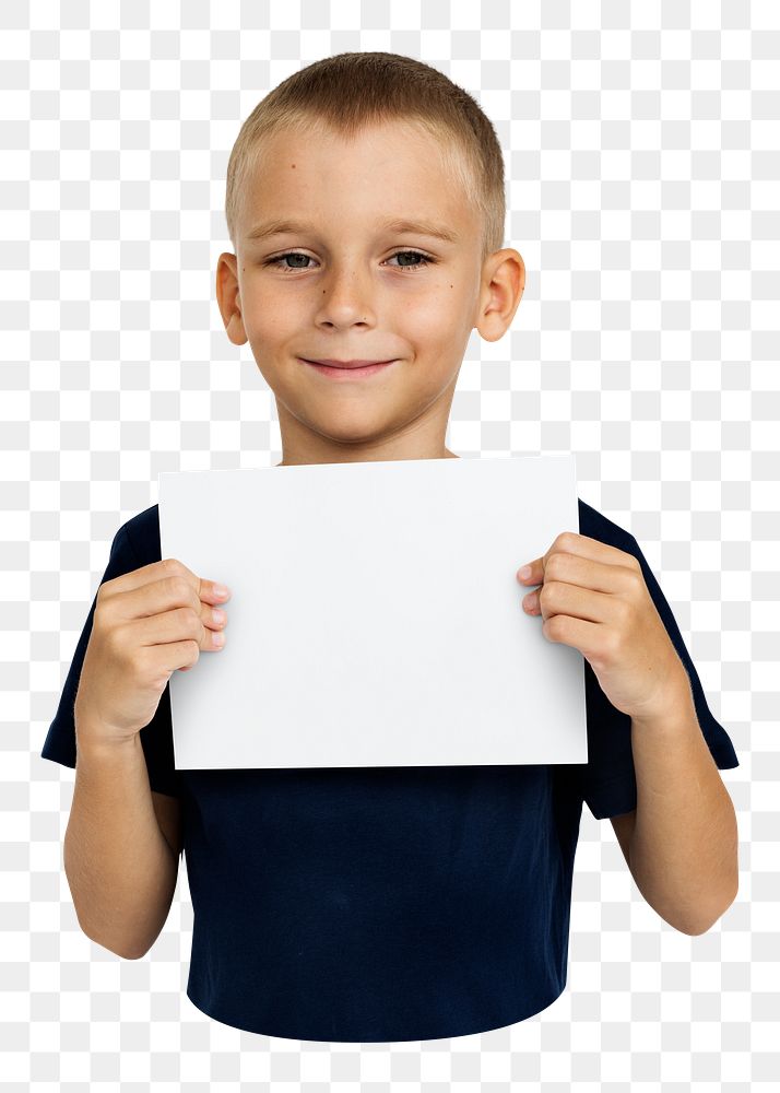 Kid holding blank paper png element, transparent background