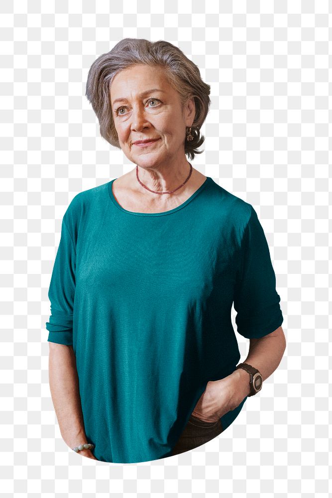 Senior woman PNG green shirt, transparent background