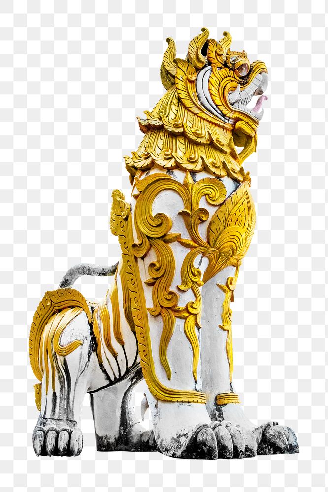 Png asian mythical lion statue, isolated object, transparent background