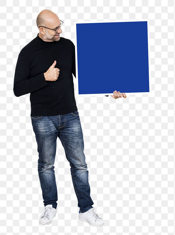 Png man showing a thumbs up and a blank board, transparent background