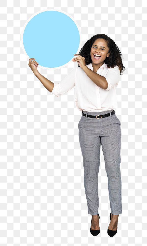 Png young businesswoman holding a blank circle, transparent background