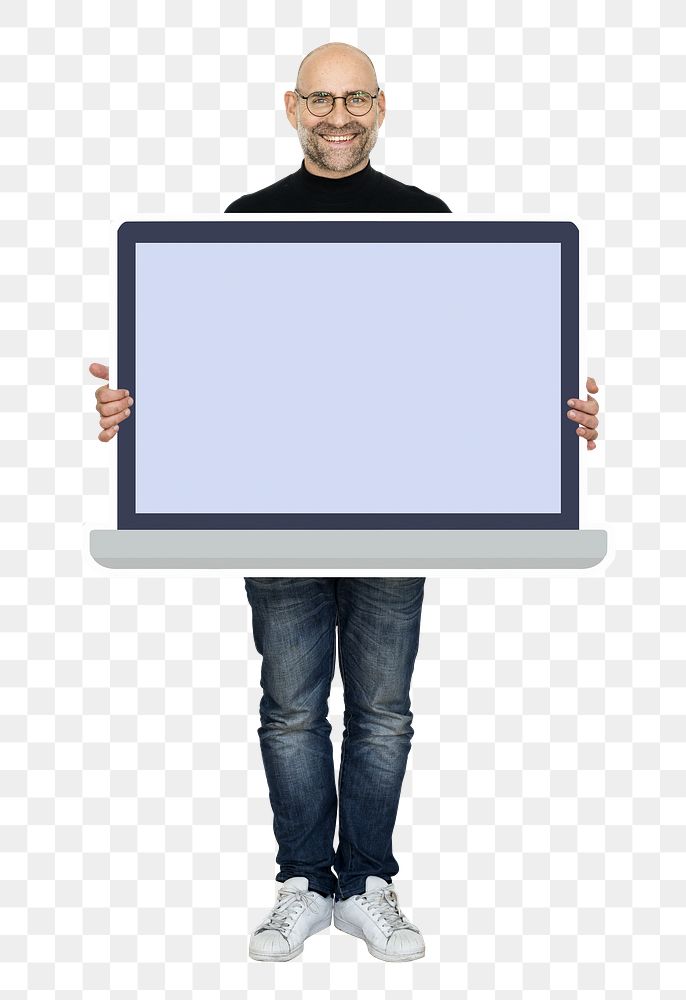 Png man holding big laptop screen, transparent background