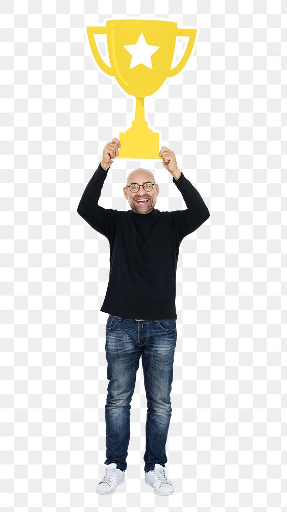 Png happy winner holding a trophy icon, transparent background