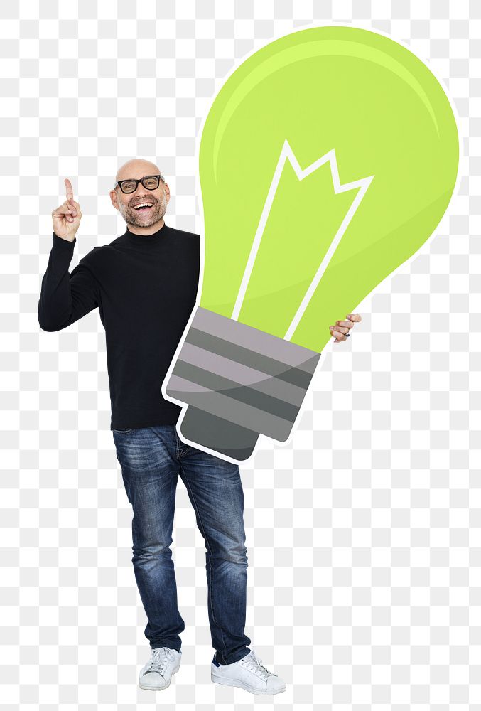 Png Happy man holding  light bulb icon, transparent background