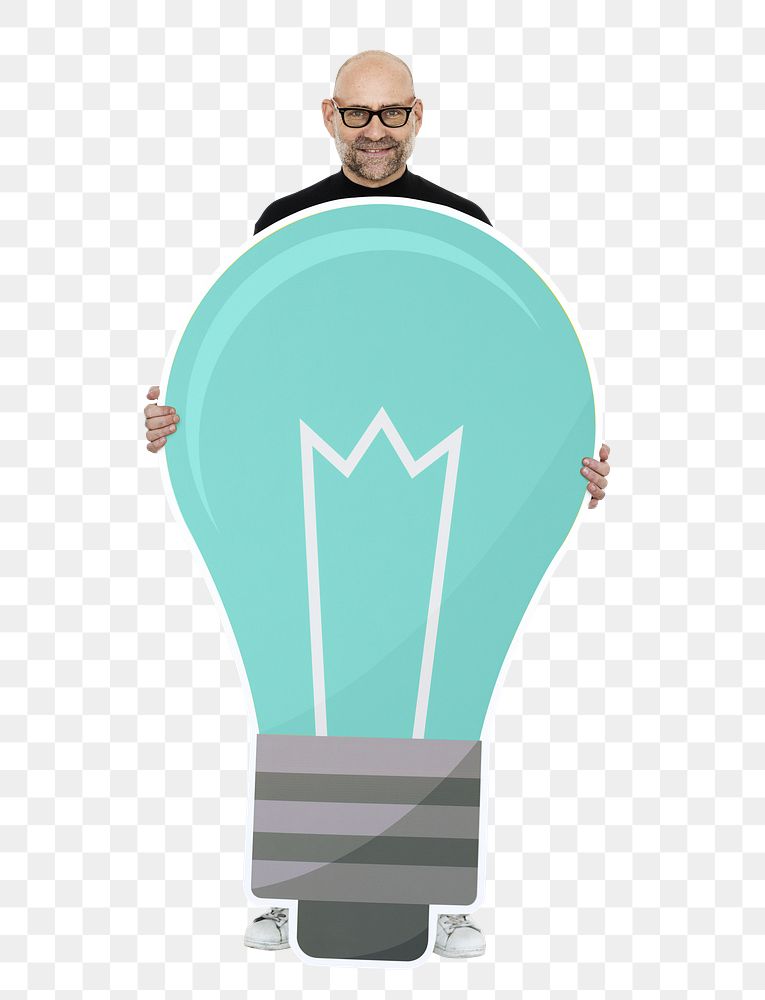 Happy man png holding light bulb icon, transparent background