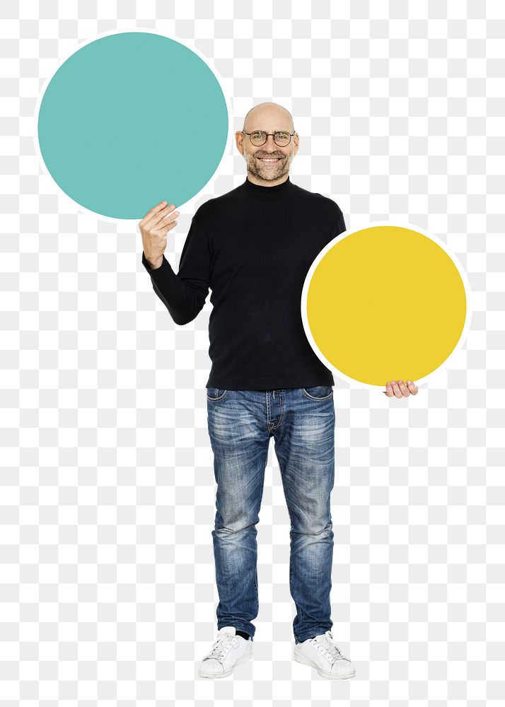 Png cheerful man holding  round empty board, transparent background