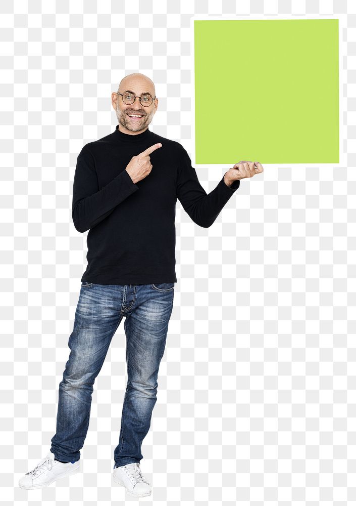 Png happy man holding  square shaped board, transparent background