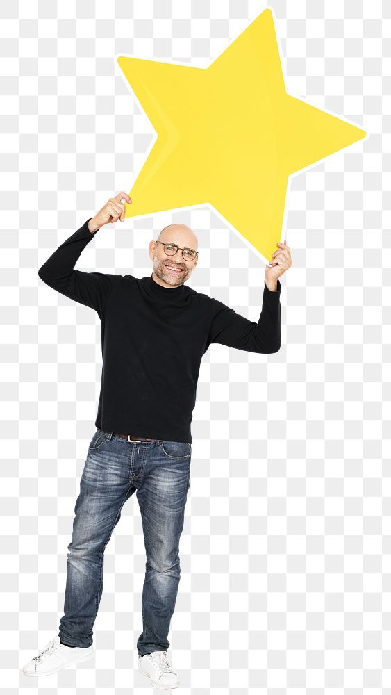 Png happy man with  big star icon, transparent background