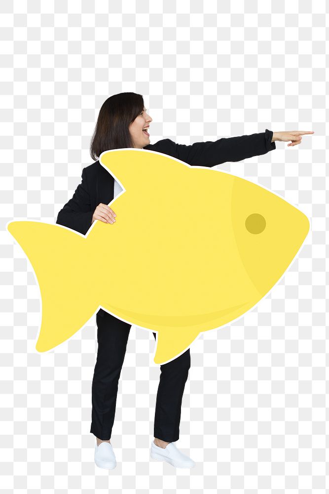 Png businesswoman holding a big fish, transparent background