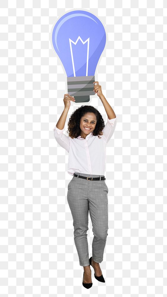 Businesswoman png holding a light bulb, transparent background