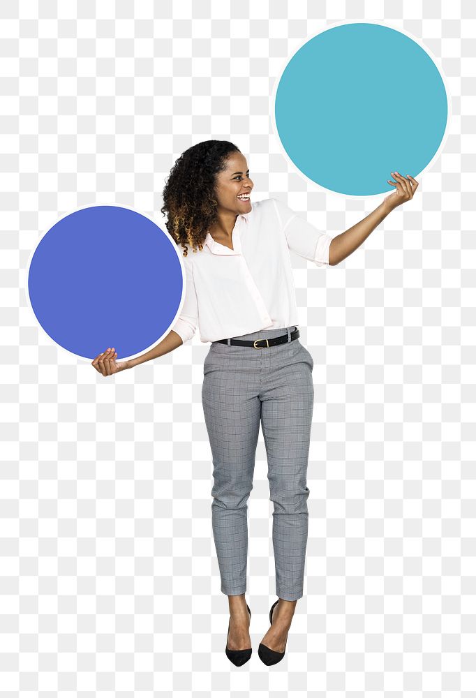 Young businesswoman png holding blank circles, transparent background