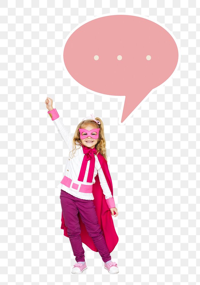 Happy girl png in superhero costume, transparent background