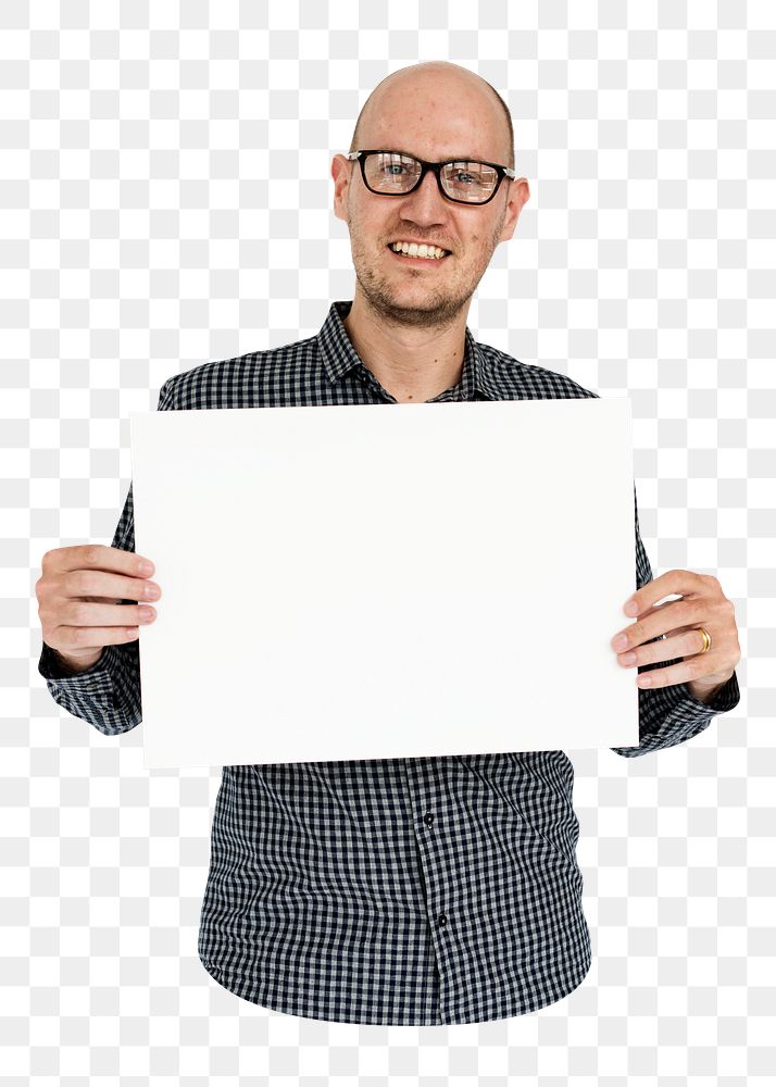 Man holding blank placard png element, transparent background