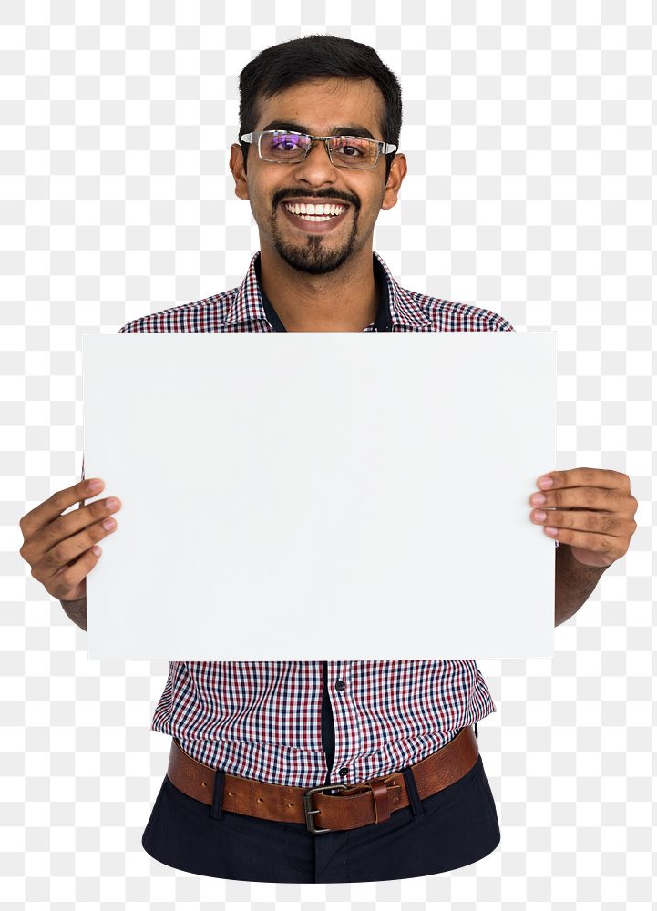 Man holding blank placard png element, transparent background