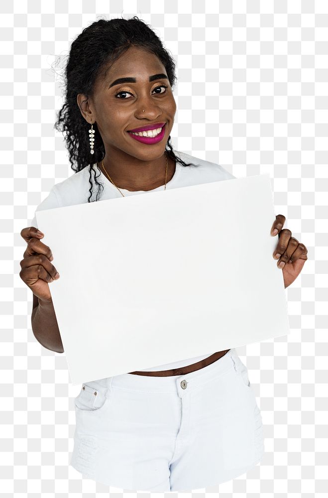 Woman holding placard png element, transparent background