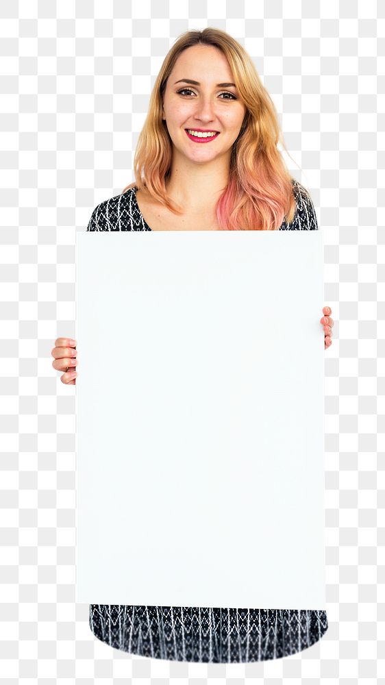 Woman holding placard png element, transparent background