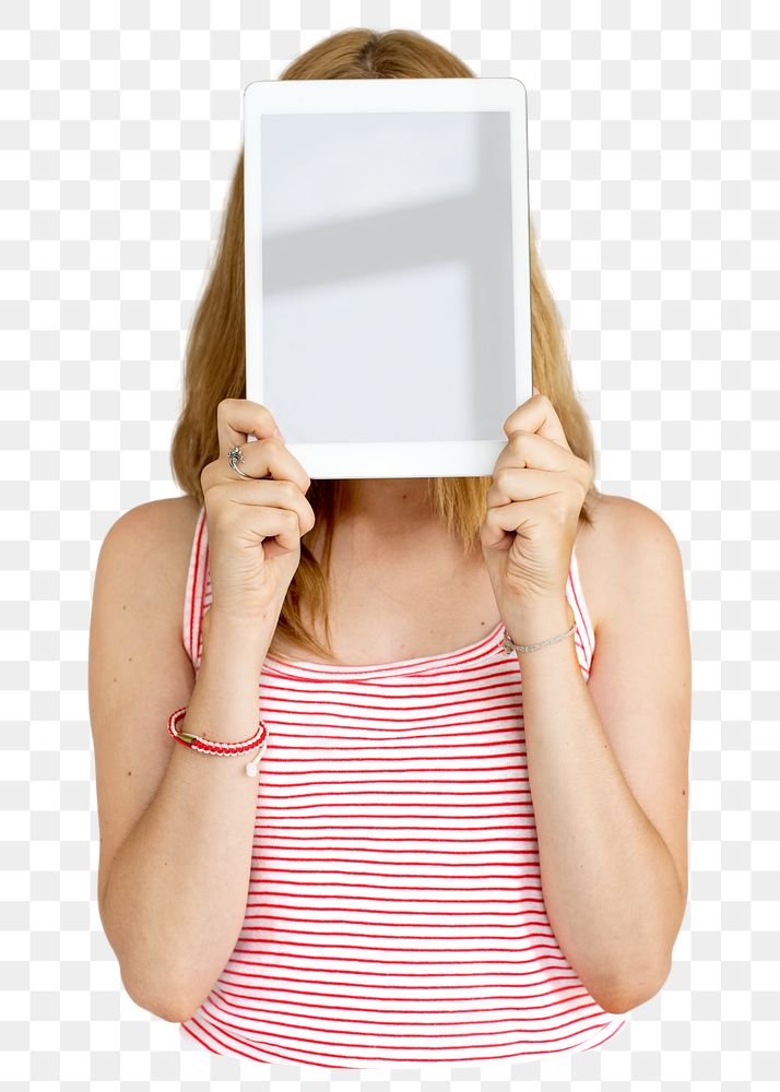 Woman holding tablet png element, transparent background