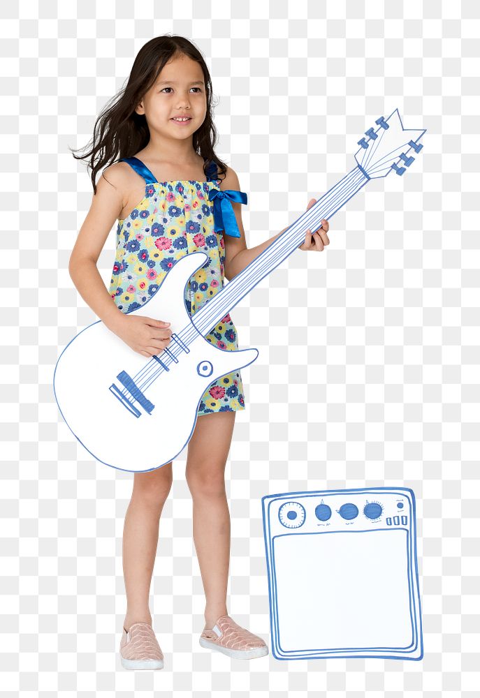 Png Little Girl Playing Paper Guitar, transparent background