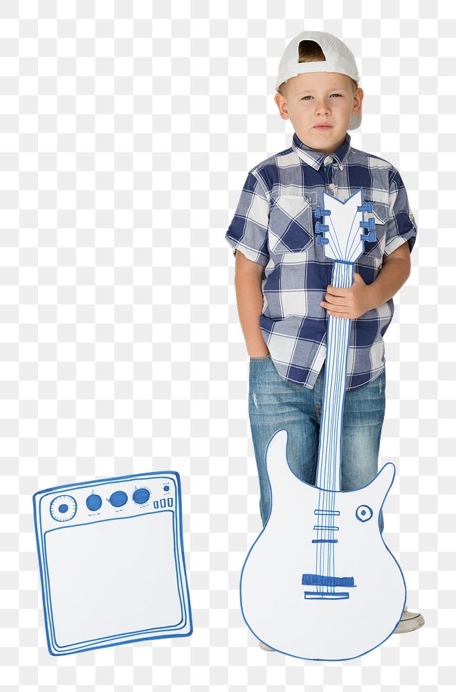 Png boy with paper guitar, transparent background