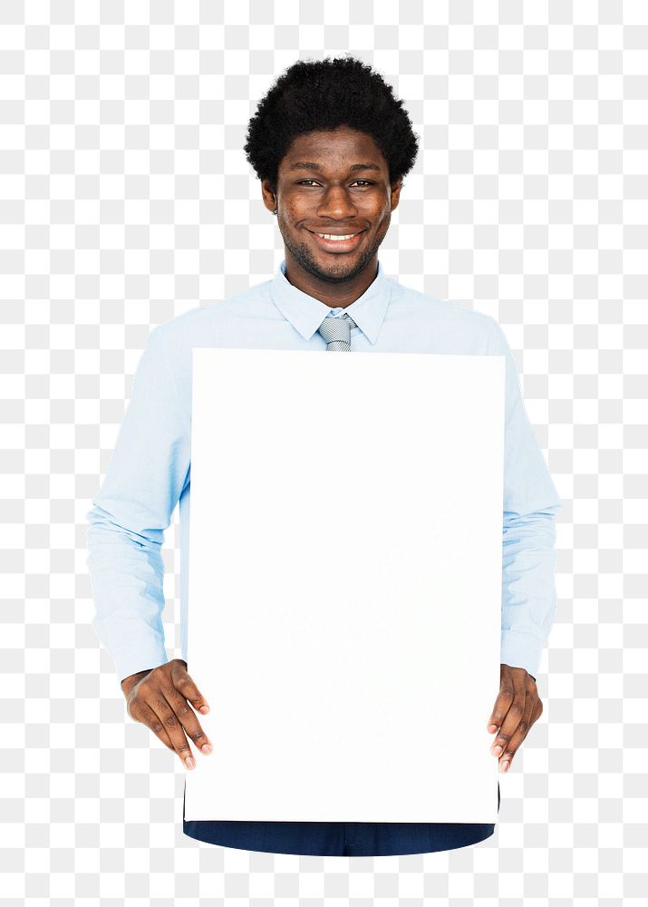 Man holding blank board png element, transparent background