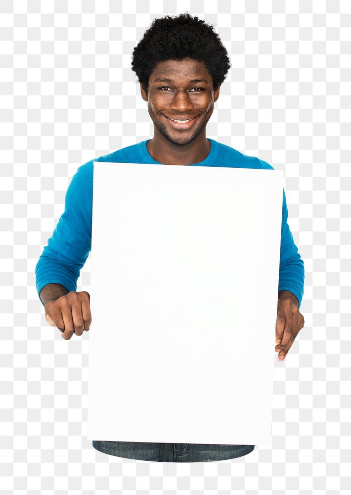 Man holding blank board png element, transparent background
