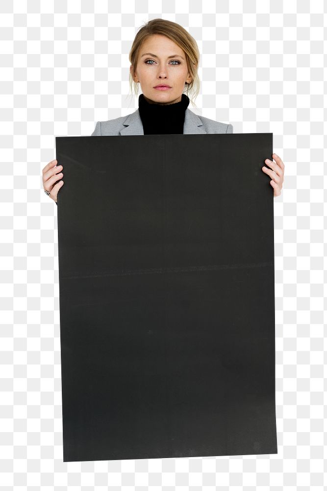 Woman holding placard png element, transparent background