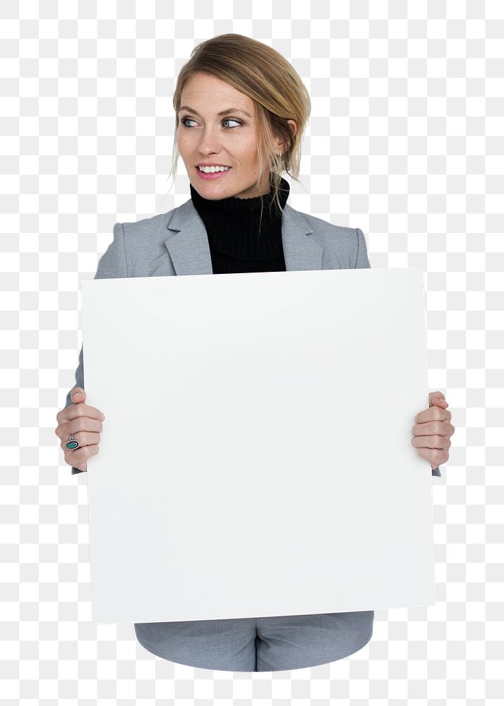 Woman holding placard png element, transparent background