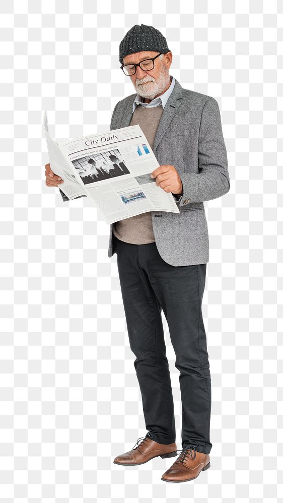 Png Senior man reading newspaper, transparent background