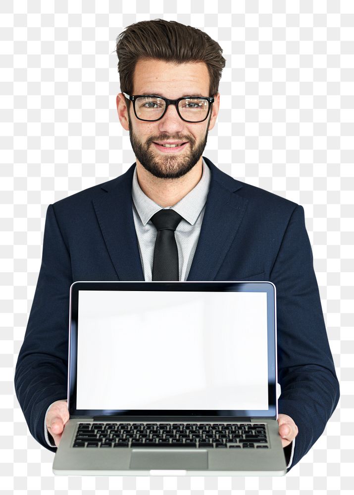 Businessman holding laptop png element, transparent background