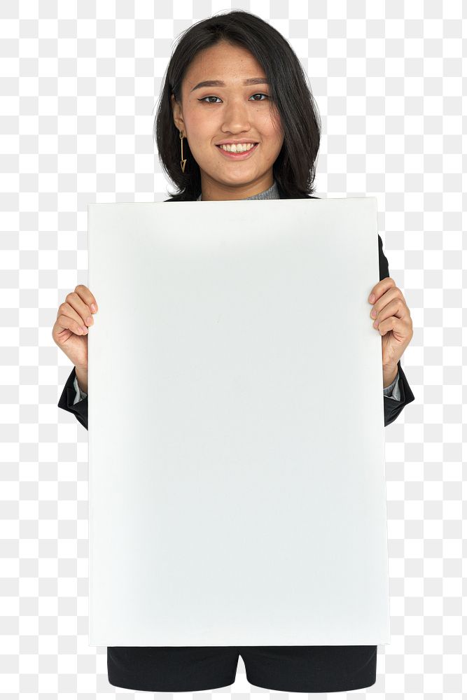 Woman holding placard png element, transparent background