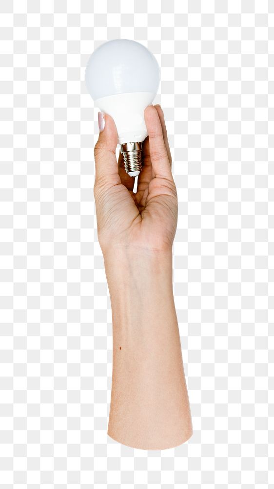 Hand png holding light bulb, transparent background