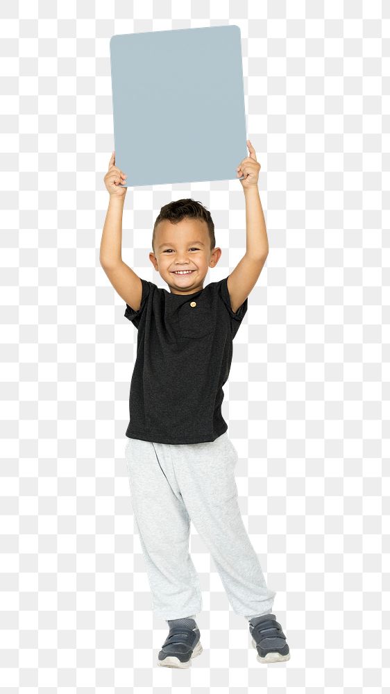 Png boy holding blank card, transparent background