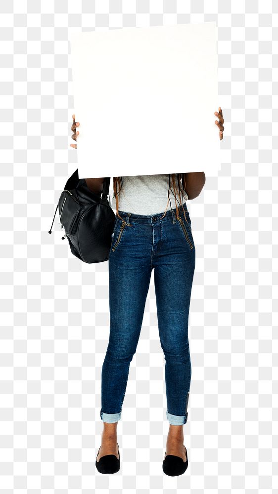 Woman holding banner png, transparent background