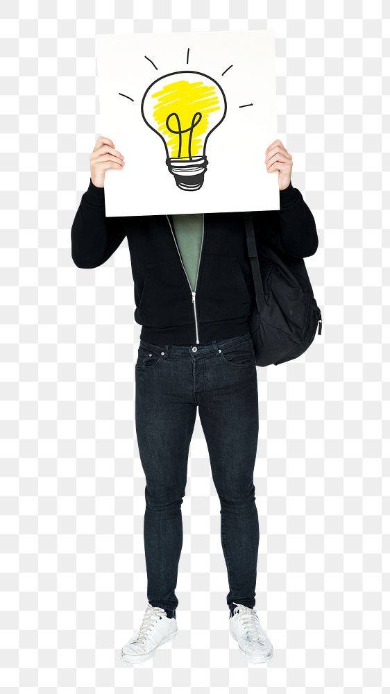 Thinking bulb sign man png, transparent background