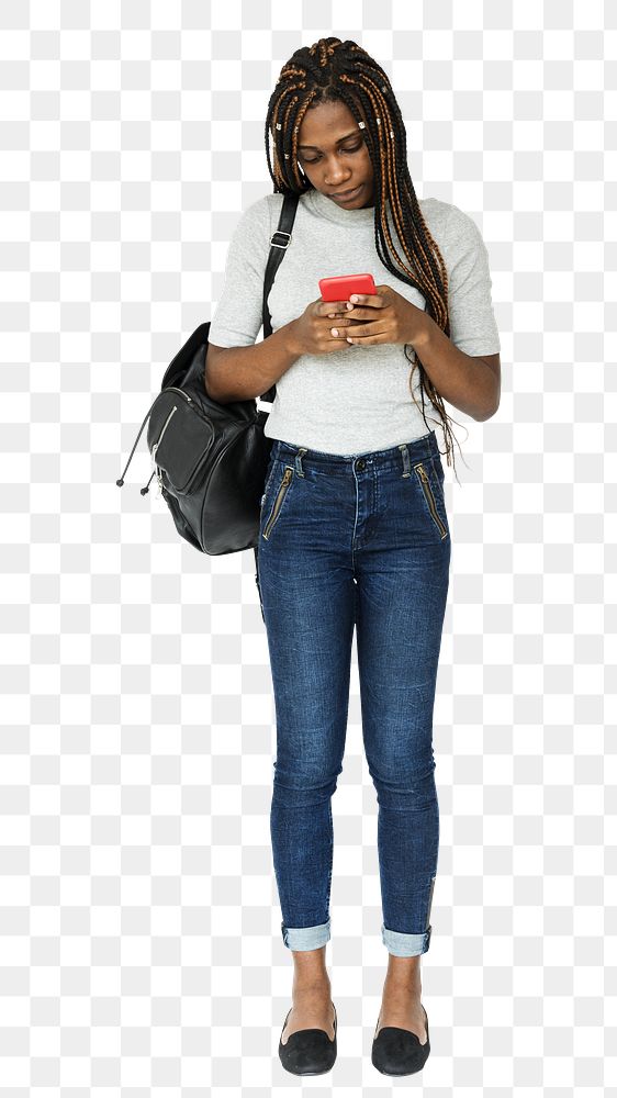 Png black woman with smartphone, transparent background