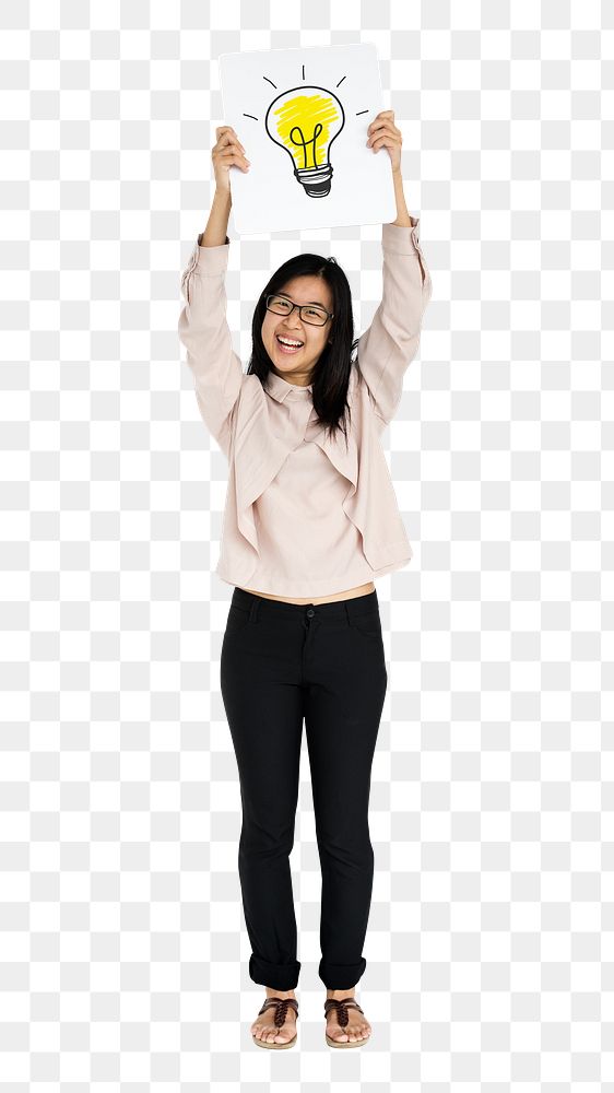 Png girl with light bulb icon, transparent background