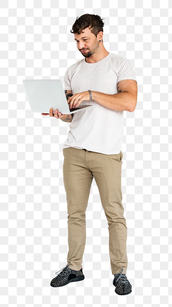 Png man with laptop, transparent background