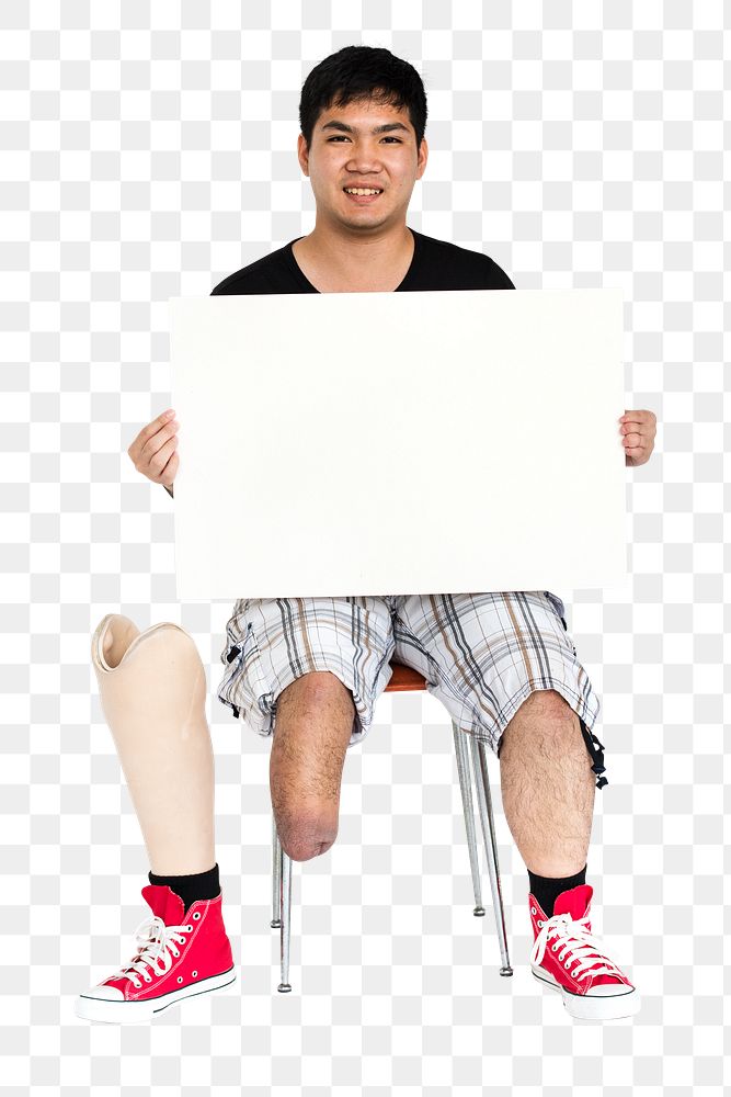 Png disabled man holding empty board, transparent background