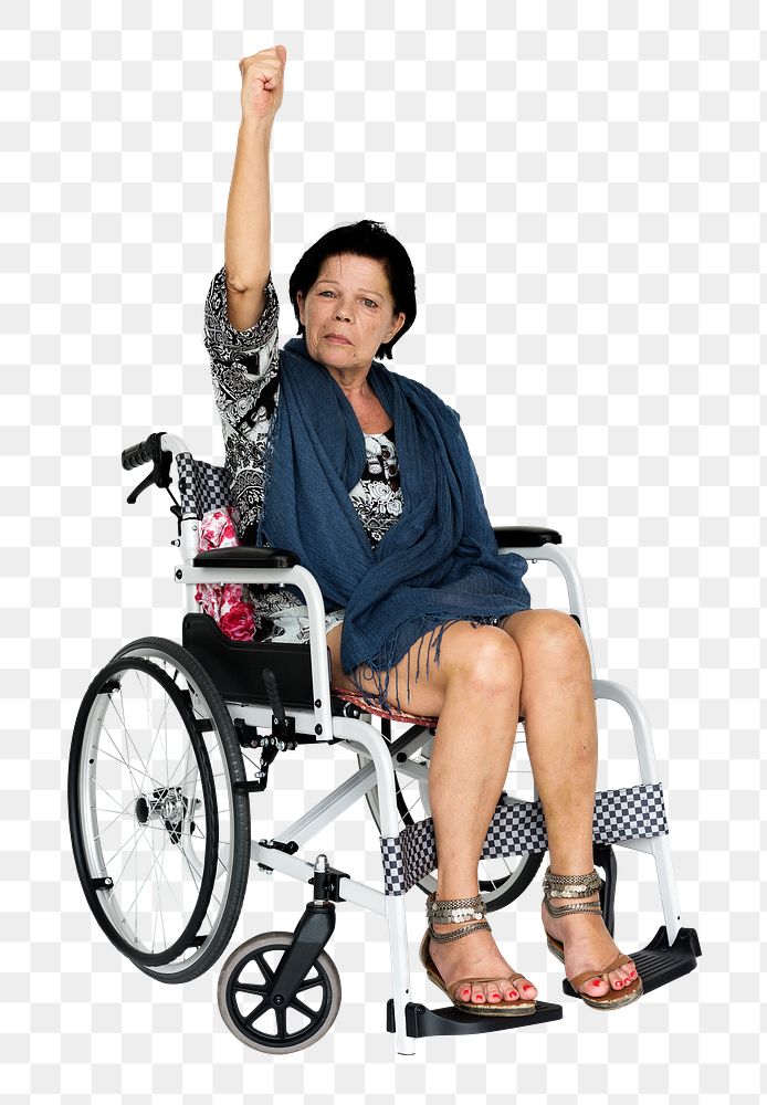Png strong woman on wheelchair, transparent background