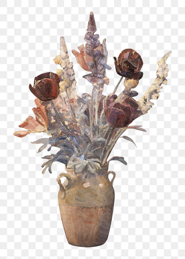 PNG Clay vase tulips, vintage flower illustration by Karl Schou, transparent background. Remixed by rawpixel.
