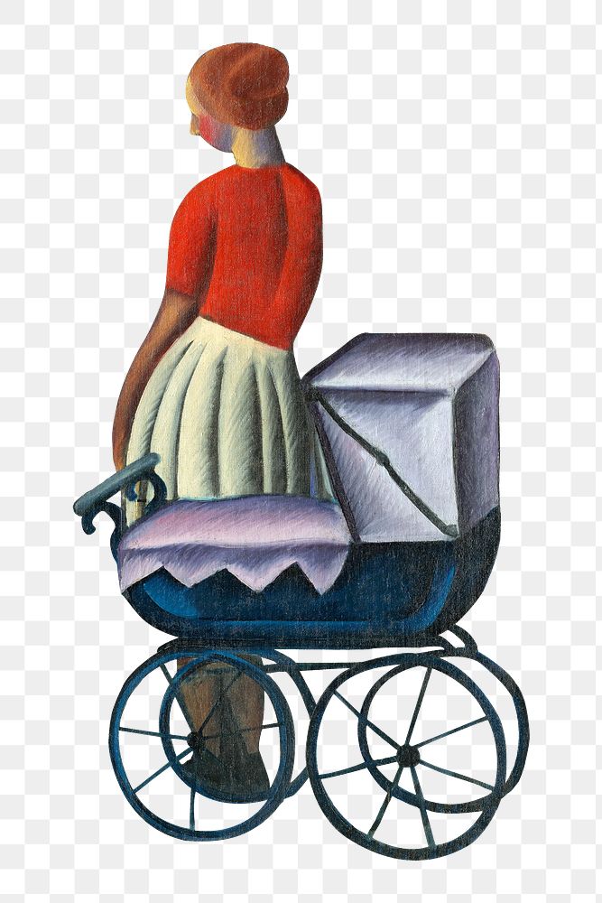 Woman with png baby stroller, vintage illustration by Gejza Schiller, transparent background. Remixed by rawpixel.