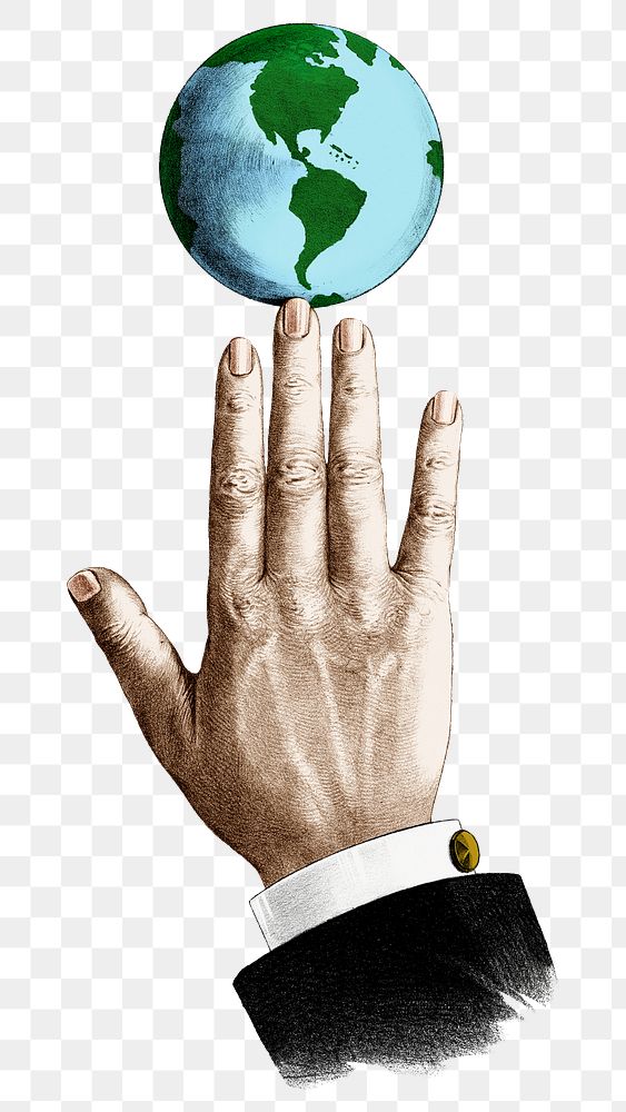 Globe png businessman's hand, vintage illustration, transparent background. Remixed by rawpixel.
