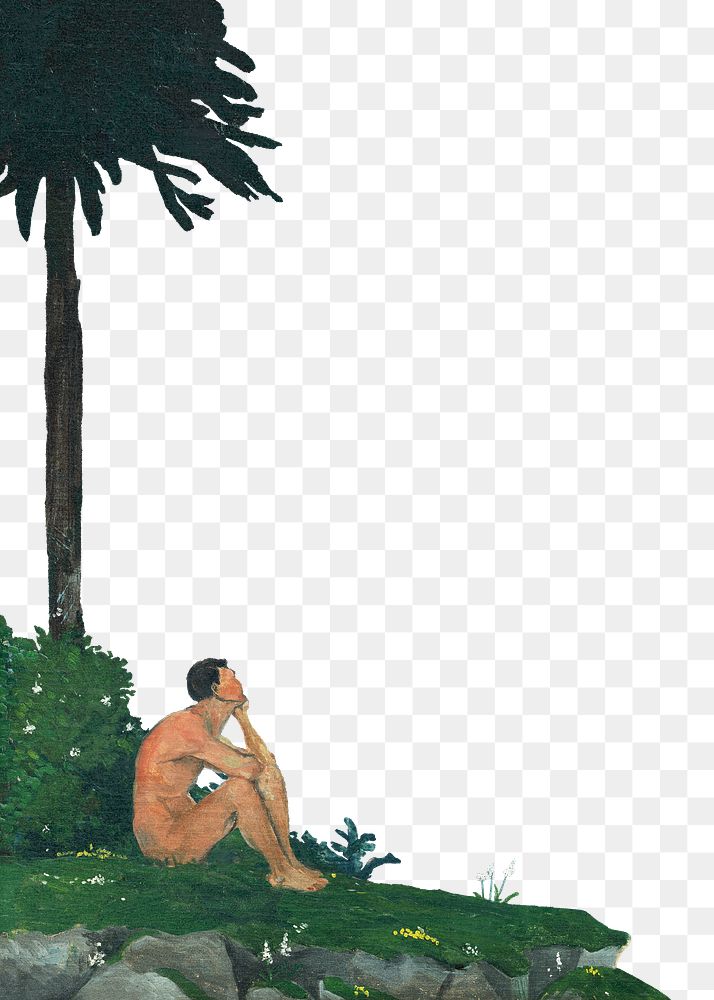Vintage tropical border png man sitting under the tree, transparent background. Remixed by rawpixel. 