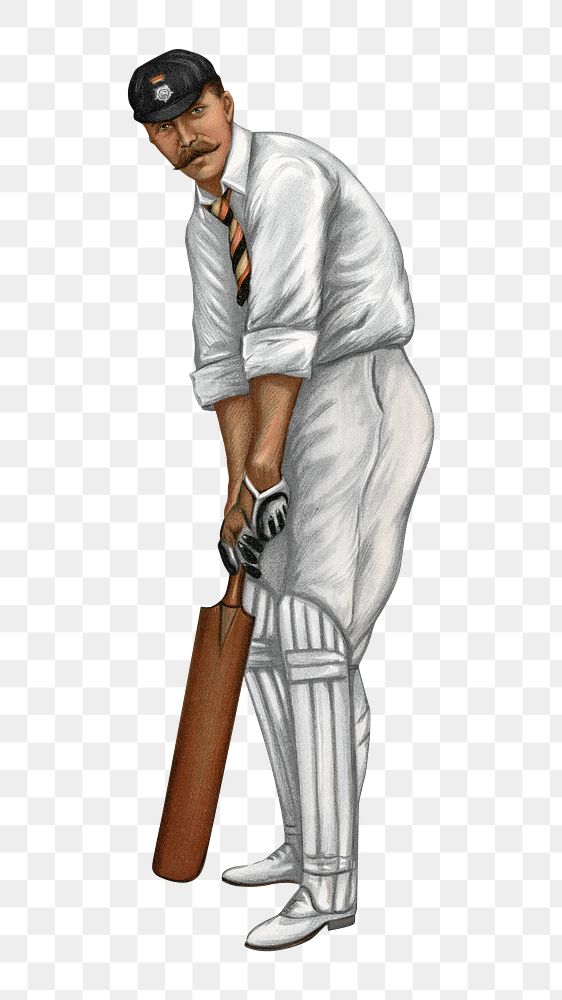 Vintage cricket player png man, transparent background. Remixed by rawpixel. 