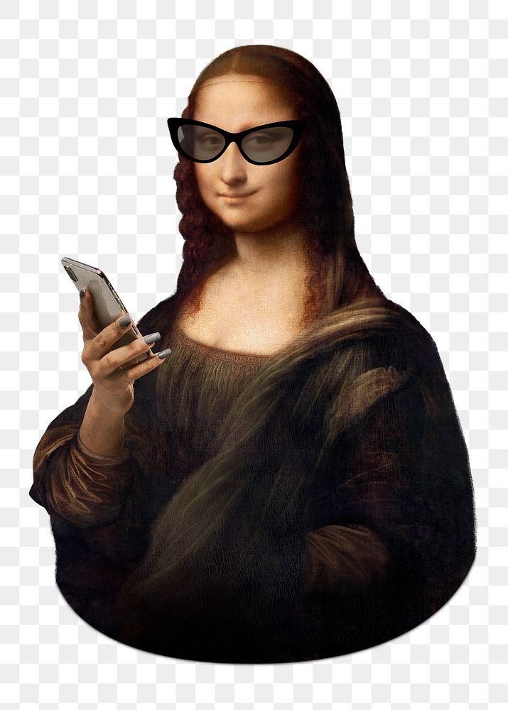 Png Mona Lisa using phone, famous artwork remixed by rawpixel, transparent background