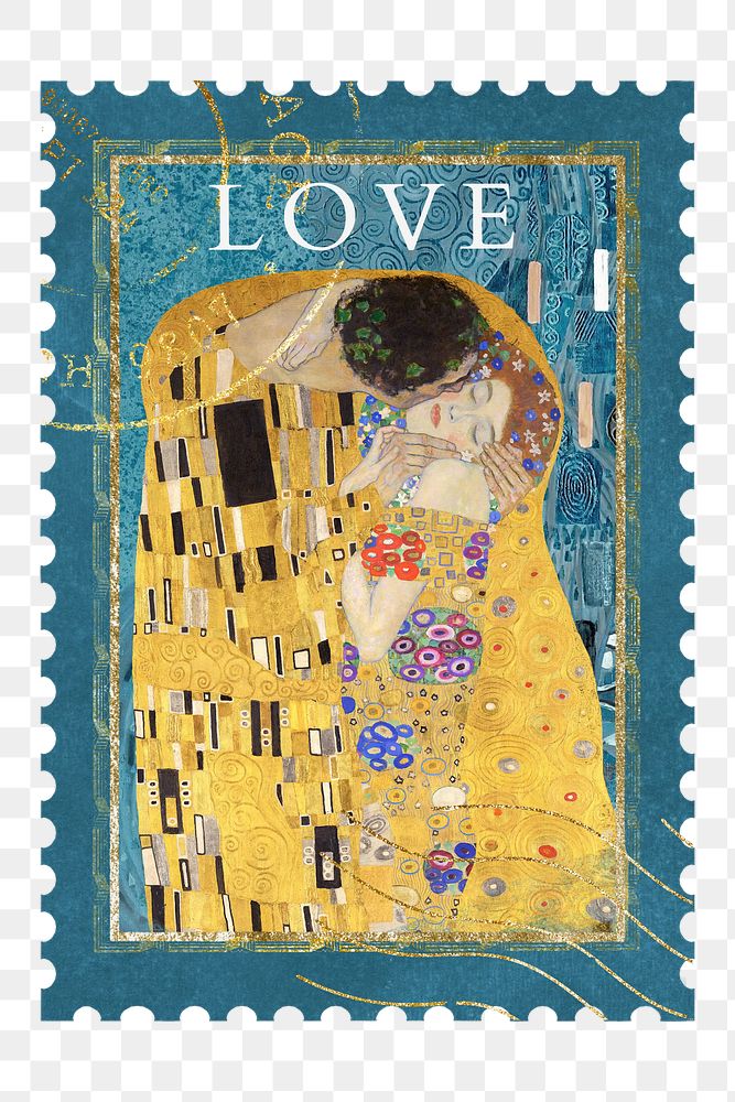 The Kiss png postage stamp, Gustav Klimt's famous artwork sticker, transparent background, remixed by rawpixel