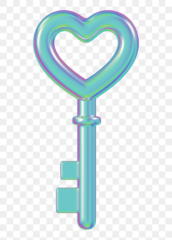 Holographic heart key png Valentine's 3D element, transparent background