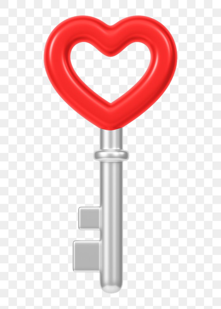 Red heart key png Valentine's 3D element, transparent background